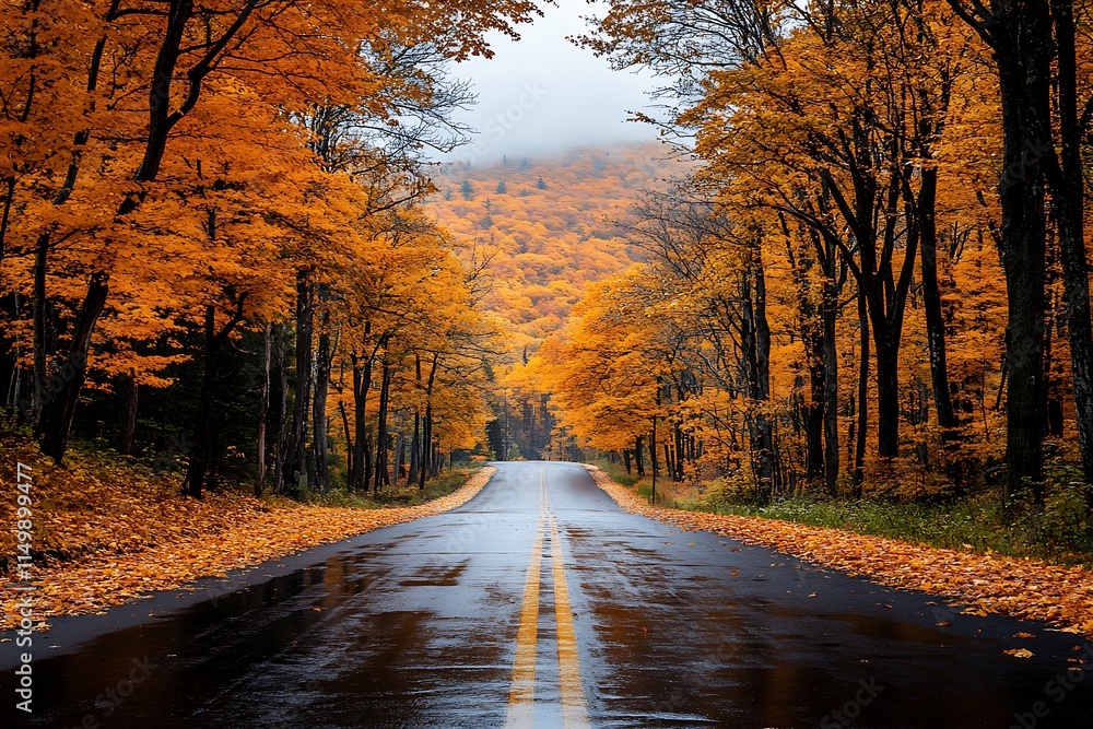 Obraz premium Autumn Road Through Vibrant Golden Foliage Landscape