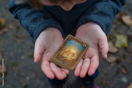 Child's Hands Holding a Collectible Card Outdoors