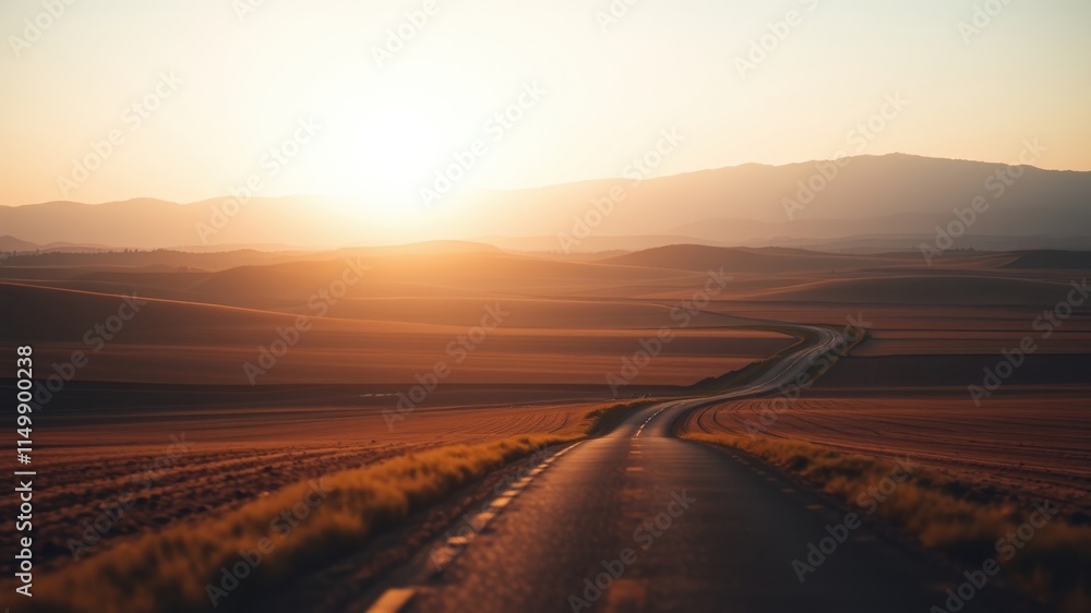 Fototapeta premium Sunset road journey across rolling hills and fields