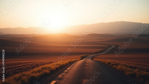 Sunset road journey across rolling hills and fields