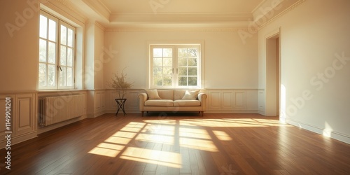 Wallpaper Mural Sunlight streams through windows illuminating a serene living room with hardwood floors and a beige sofa Torontodigital.ca