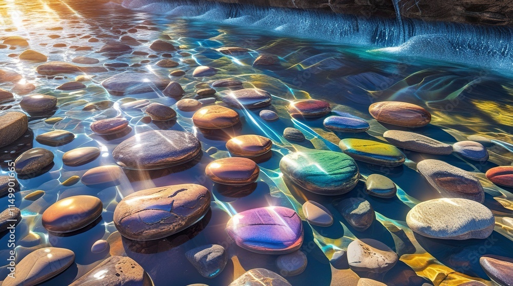 Fototapeta premium A vibrant riverbed filled with multi-colored river stones, polished and rounded from water erosion, visible underwater with light refracting through the crystal-clear stream, generative ai