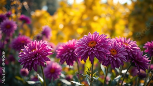 Vibrant Purple Flowers Blooming in a Sunlit Garden, Surrounded by a Blurred Background of Golden Yellow Blossoms