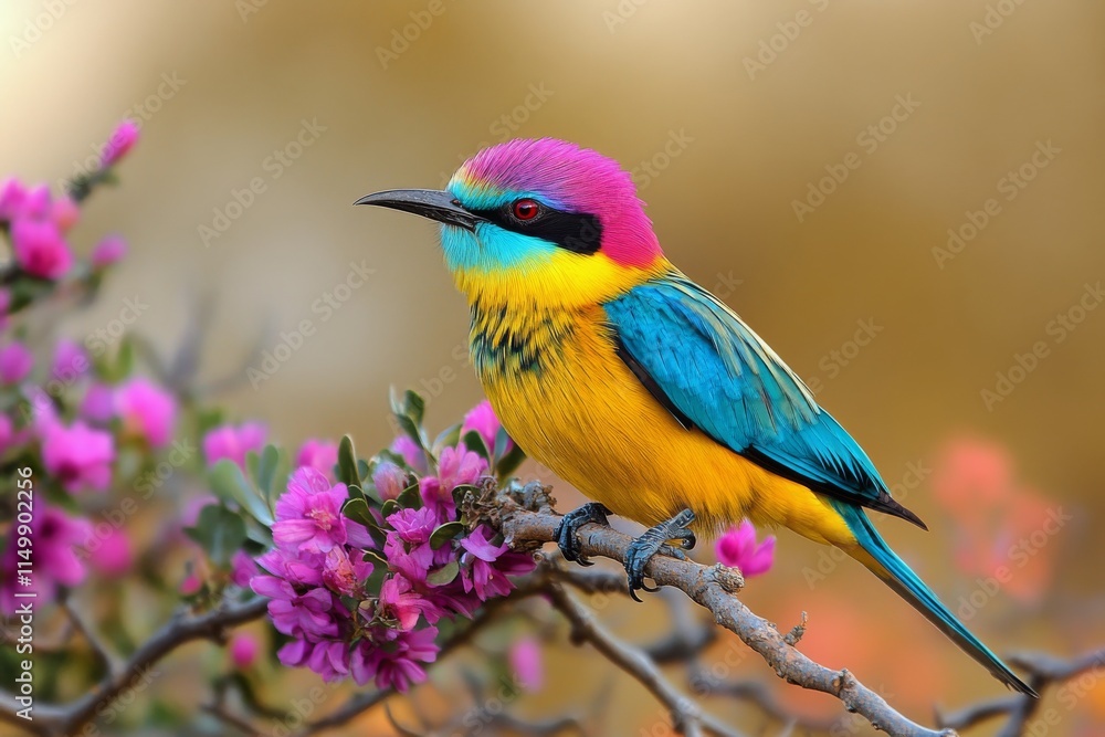 Colorful bird perched on a branch surrounded by blooming flowers in a natural setting Colorful bird perched on a branch surrounded by blooming flowers in a natural setting