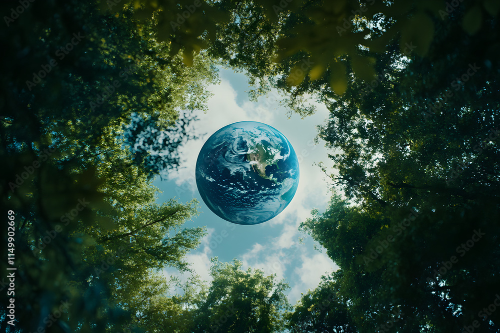 Naklejka premium Beautiful view of Earth framed by lush green trees, symbolizing harmony with nature, environmental preservation, and sustainable living for a better planet