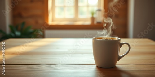 A steaming mug of coffee sits on a wooden table bathed in sunlight, a peaceful morning scene