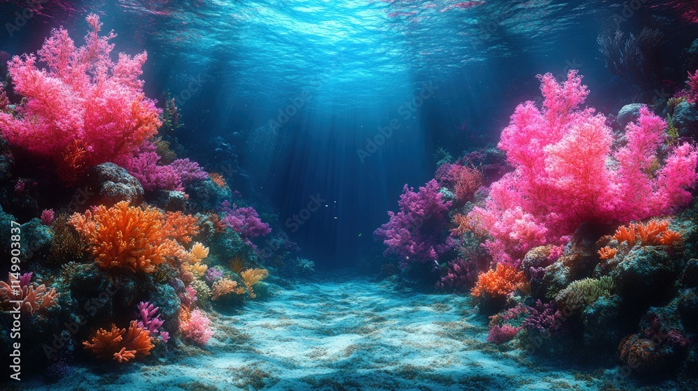 Naklejka premium Vibrant coral reef, underwater scene, sunlight.