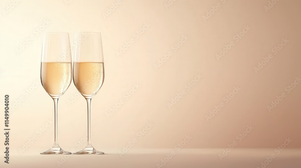 A pair of champagne glasses with golden bubbles, soft gradient background A pair of champagne glasses with golden bubbles, soft gradient background