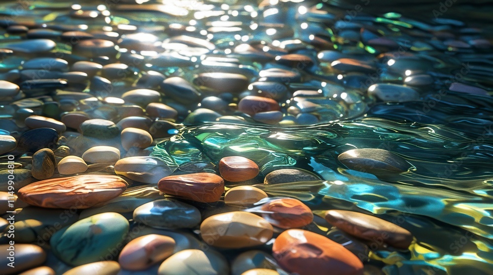 Fototapeta premium A vibrant riverbed filled with multi-colored river stones, polished and rounded from water erosion, visible underwater with light refracting through the crystal-clear stream, generative ai