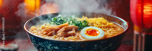 Wallpaper Mural A steaming bowl of ramen, with noodles, soft-boiled egg, and fresh vegetables, set against a backdrop of Japanese decor and lanterns.   Torontodigital.ca