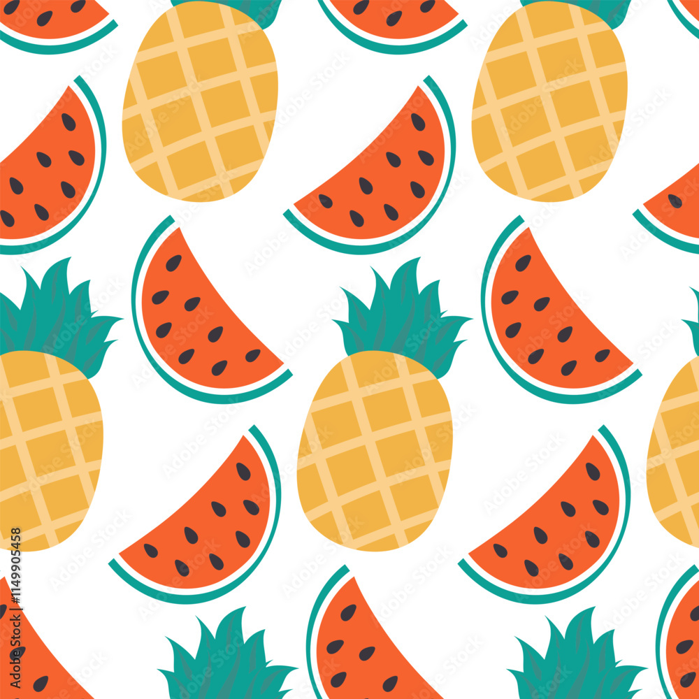 Stylized Pineapple and Watermelon slices Seamless pattern in trendy summer colors Minimalistic style Stylized Pineapple and Watermelon slices Seamless pattern in trendy summer colors Minimalistic style