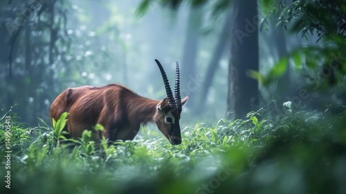 A rare saola grazing in a misty rainforest, its slender body partially hidden by thick vegetation. The elegant curve of its horns and the soft reflection in the dew-covered grass create a scene of unt photo