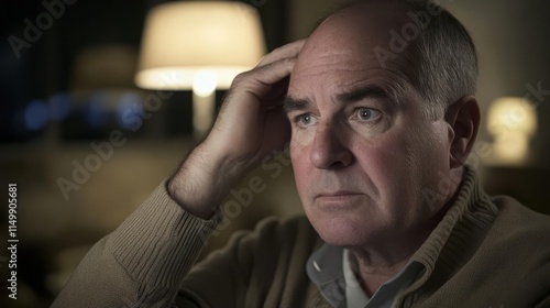 Wallpaper Mural Man contemplates his thinning hair in a softly lit room, a moment of reflection on aging and self-awareness. Torontodigital.ca