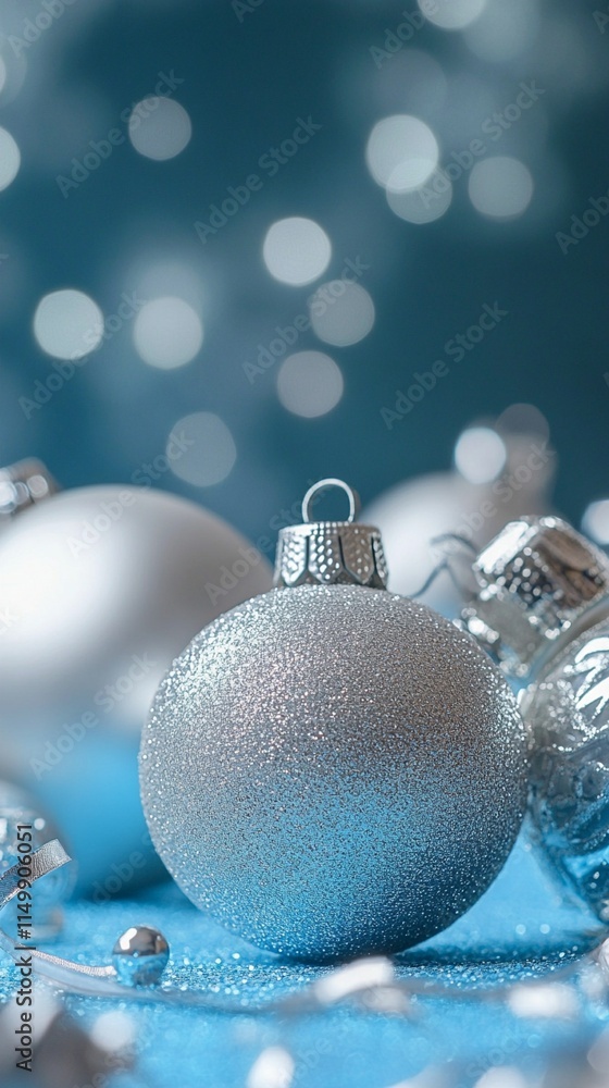 Elegant silver Christmas baubles with frosted texture against turquoise background with dreamy bokeh lights creating magical holiday atmosphere and festive sparkle. Elegant silver Christmas baubles with frosted texture against turquoise background with dreamy bokeh lights creating magical holiday atmosphere and festive sparkle.