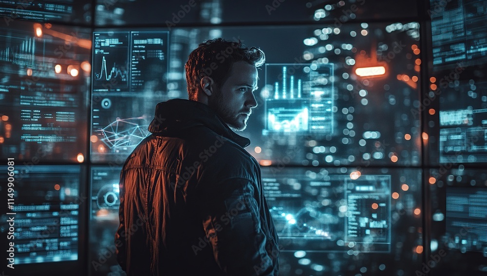 Cybersecurity Analyst Reviews Data Streams, Analyzing Complex Algorithms Nightly Cybersecurity Analyst Reviews Data Streams, Analyzing Complex Algorithms Nightly