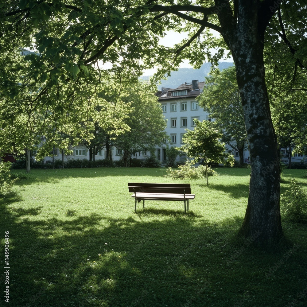 Serene Park Bench Under Lush Green Tree Canopy Near Building Serene Park Bench Under Lush Green Tree Canopy Near Building