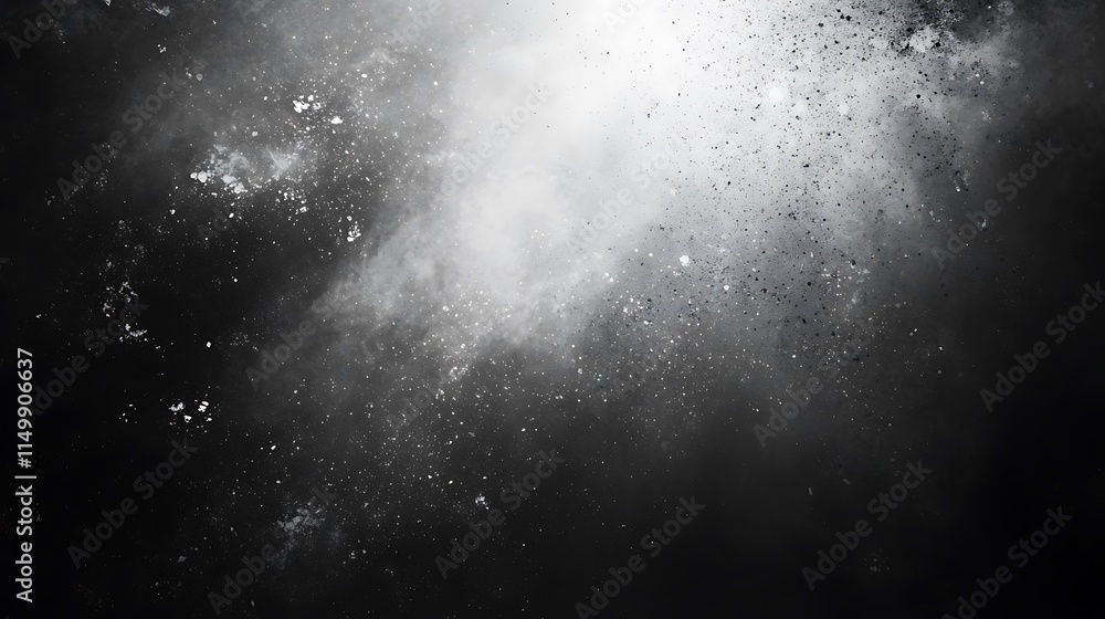 Abstract grayscale image of particles and dust swirling in a dark background, illuminated from above. Abstract grayscale image of particles and dust swirling in a dark background, illuminated from above.