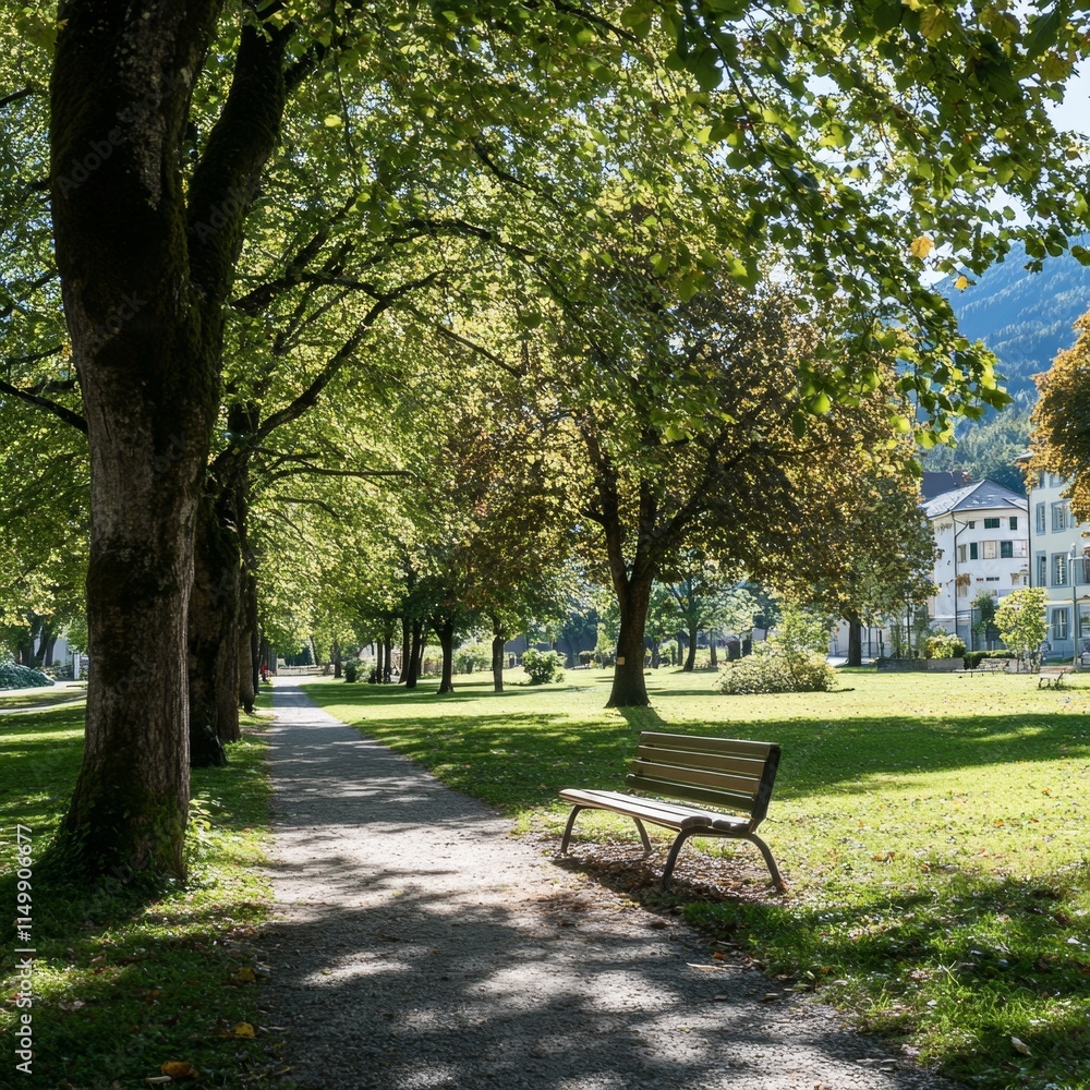 Serene Park Pathway with Bench and Lush Trees Serene Park Pathway with Bench and Lush Trees