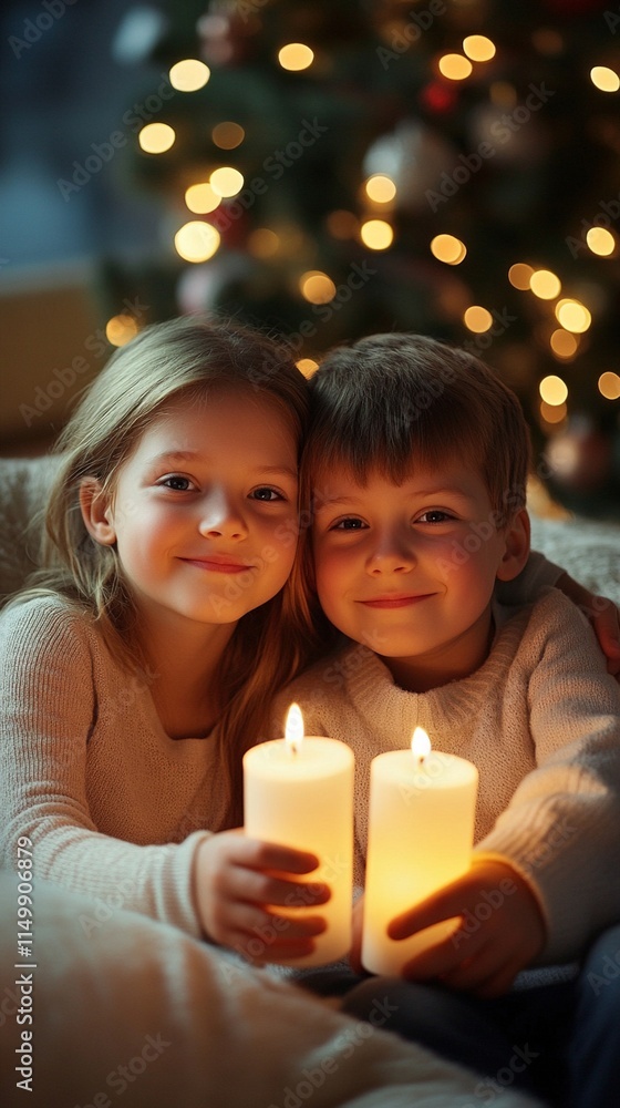 Two children lying together holding glowing candles during Christmas time, creating magical holiday atmosphere with bokeh lights in background and warm candlelight illuminating faces. Two children lying together holding glowing candles during Christmas time, creating magical holiday atmosphere with bokeh lights in background and warm candlelight illuminating faces.
