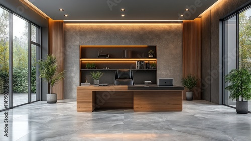 Wallpaper Mural Modern office, wood desk, gray walls, large windows. Torontodigital.ca