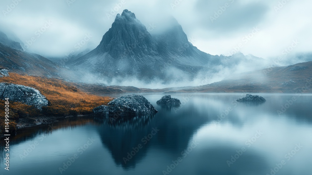 Misty mountain lake reflects peaks, serene. Misty mountain lake reflects peaks, serene.