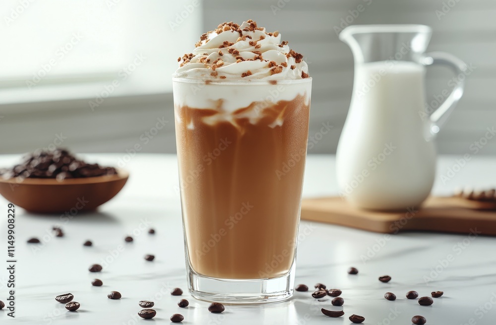 Delicious iced coffee topped with whipped cream and sprinkled nuts on a marble table Delicious iced coffee topped with whipped cream and sprinkled nuts on a marble table
