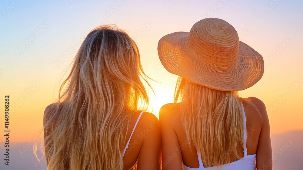 Fototapeta premium Dwie kobiety w kapeluszach podziwiające zachód słońca