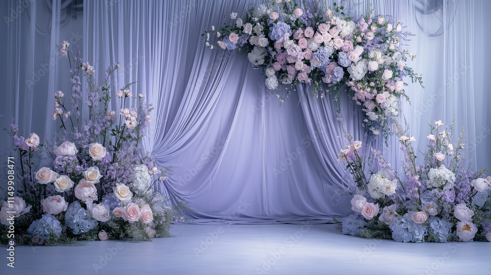 Elegant Photo Backdrop with Silk Drapes, Large Flowers, and Soft Lighting - Perfect for Sophisticated Shoots Elegant Photo Backdrop with Silk Drapes, Large Flowers, and Soft Lighting - Perfect for Sophisticated Shoots