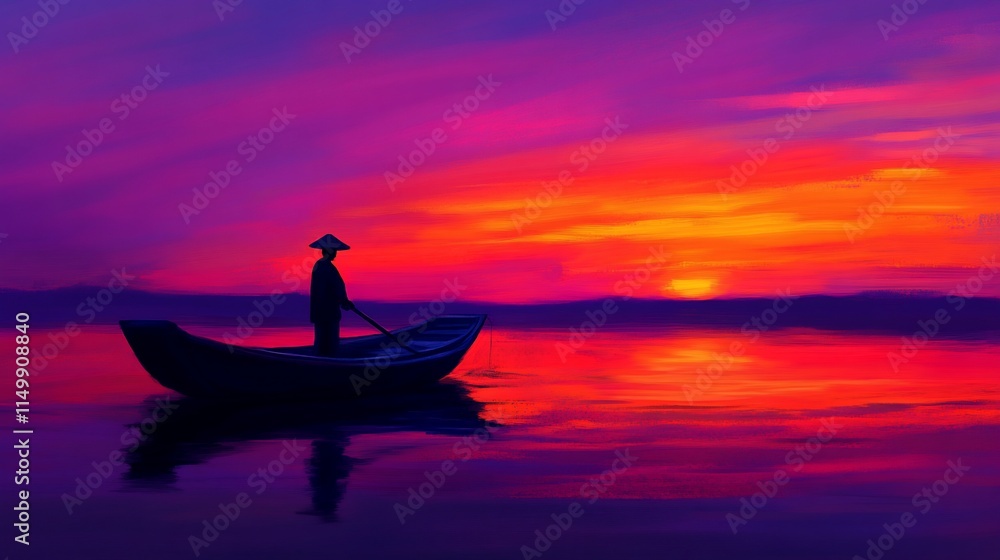 Silhouette of a fisherman in a boat at sunset over a vibrant, colorful lake. Silhouette of a fisherman in a boat at sunset over a vibrant, colorful lake.