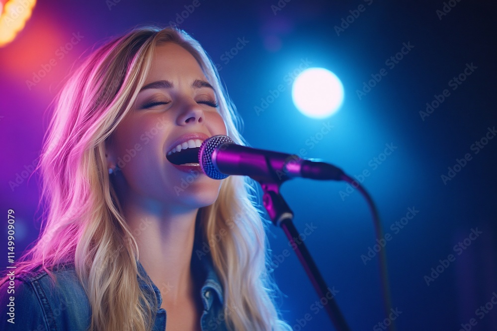 A woman passionately singing into a microphone on stage. A woman passionately singing into a microphone on stage.