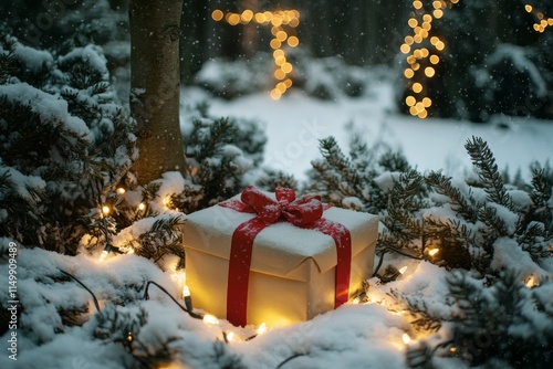 Gift box surrounded by festive decorations and warm lights in cozy outdoor setting during winter holiday season photo