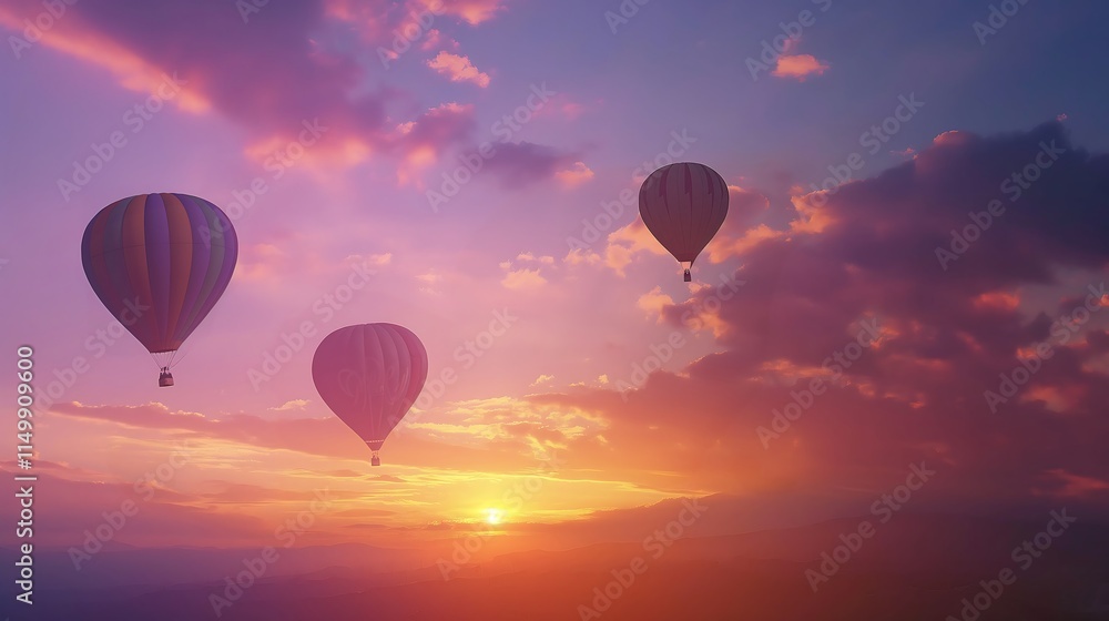 Fototapeta premium Colorful hot air balloons silhouetted against a beautiful sunset sky.