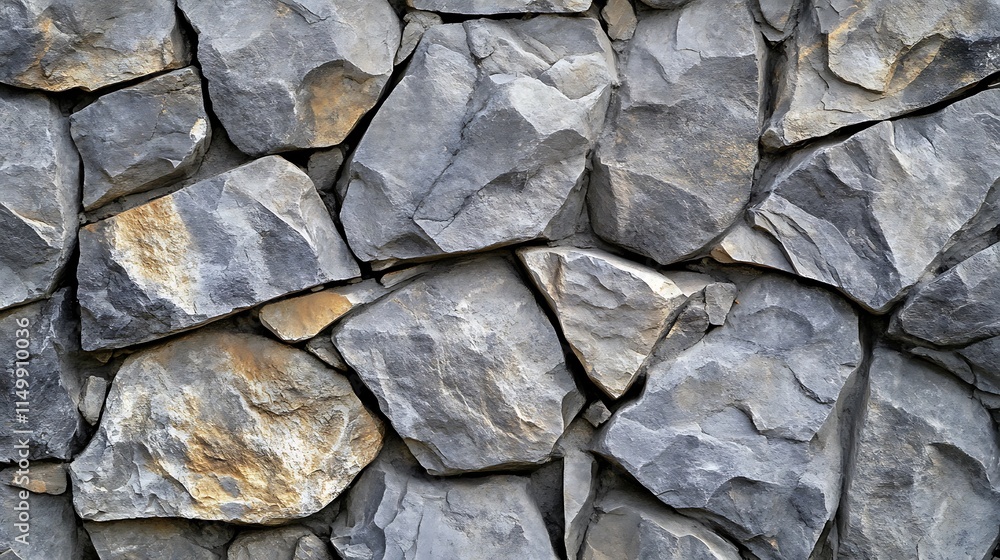 Close-up of a rustic stone wall, showcasing various shapes and sizes of grey and brown rocks. Close-up of a rustic stone wall, showcasing various shapes and sizes of grey and brown rocks.