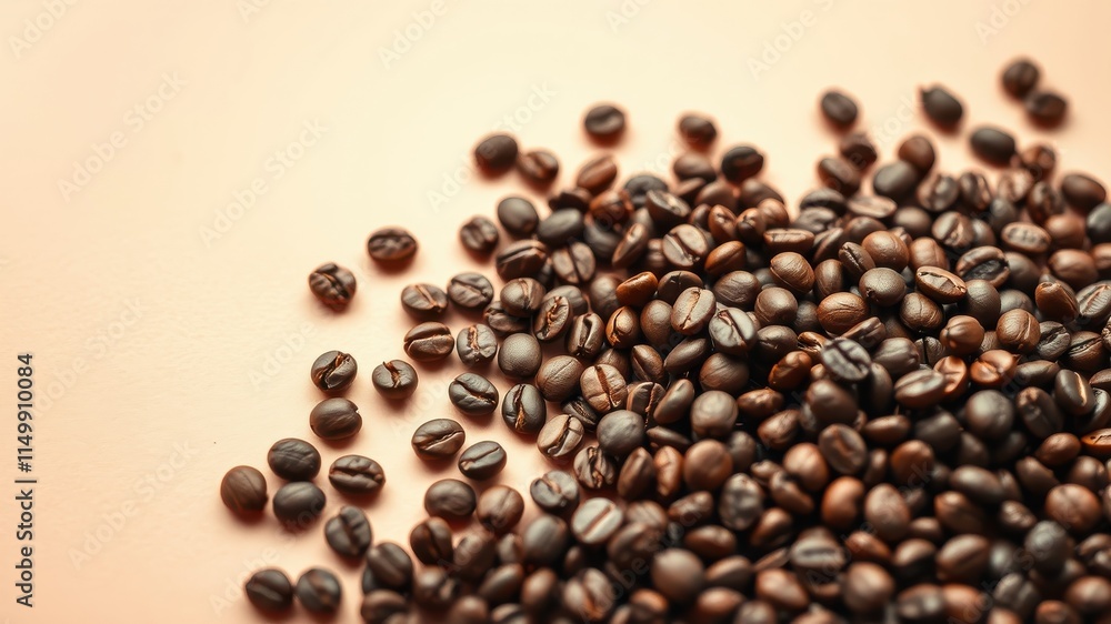 Aromatic Roasted Coffee Beans Scattered on a Pale Peach Background Aromatic Roasted Coffee Beans Scattered on a Pale Peach Background