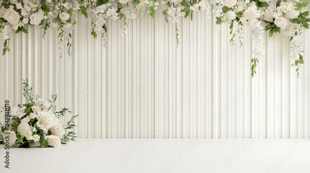 Fototapeta premium A romantic wedding backdrop with cascading floral arrangements in pastel tones.