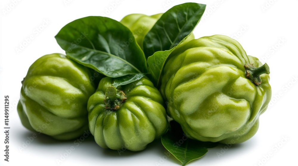 Vibrant Green Acerola Cherries with Lush Leaves Vibrant Green Acerola Cherries with Lush Leaves