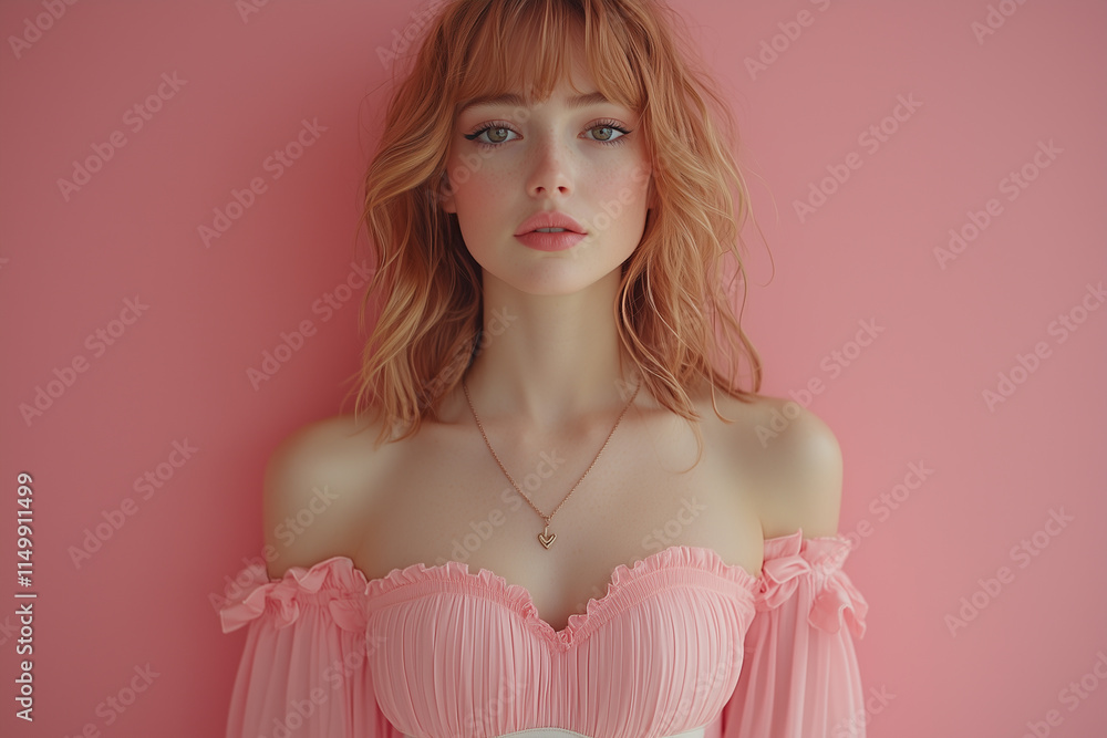 Portrait of a beautiful young woman with ginger-red hair against a pastel-colored background. Portrait of a beautiful young woman with ginger-red hair against a pastel-colored background.