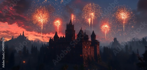 Glowing Fireworks Show Over an Ancient Castle in Celebration of 2025