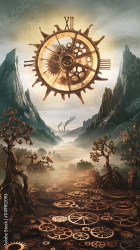 Steampunk Clockwork Landscape With Mountains And Trees