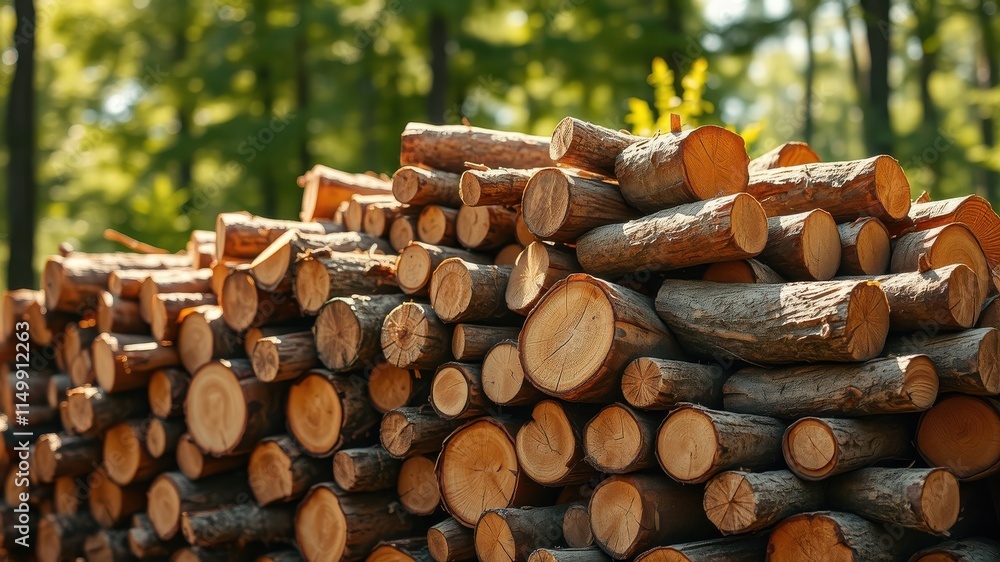 A neatly stacked pile of freshly cut logs in a sunlit forest setting A neatly stacked pile of freshly cut logs in a sunlit forest setting