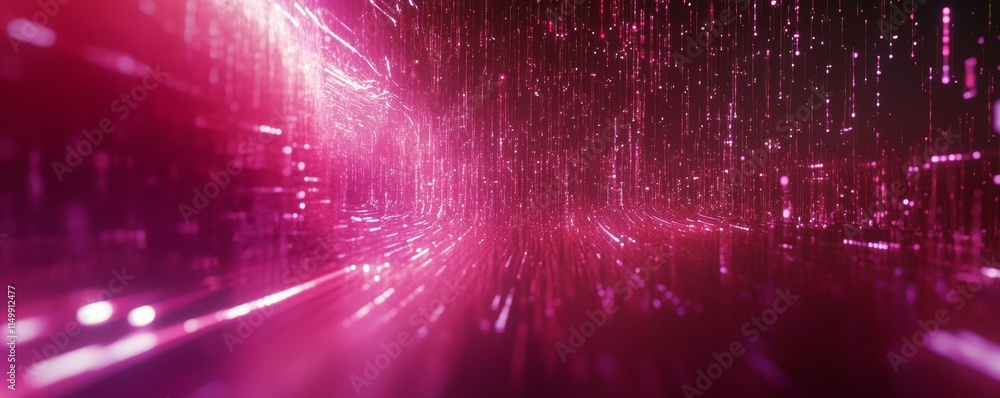 Naklejka premium Abstract pink digital tunnel with glowing particles.