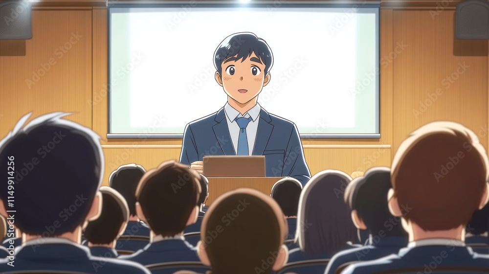 Young man giving presentation to audience in a lecture hall. Young man giving presentation to audience in a lecture hall.