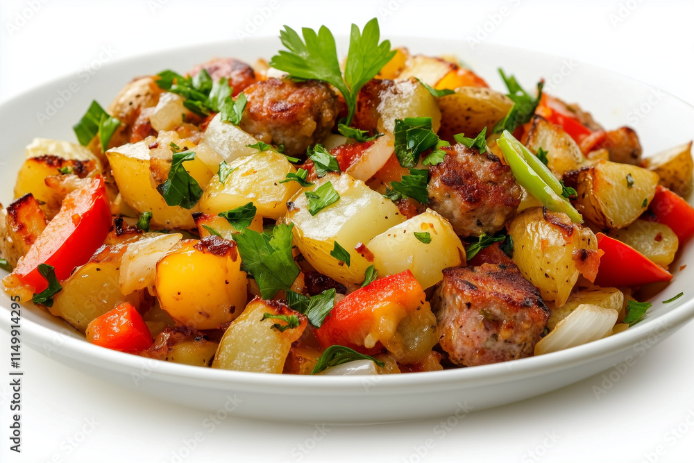A white plate with potatoes and vegetables on a white background A white plate with potatoes and vegetables on a white background