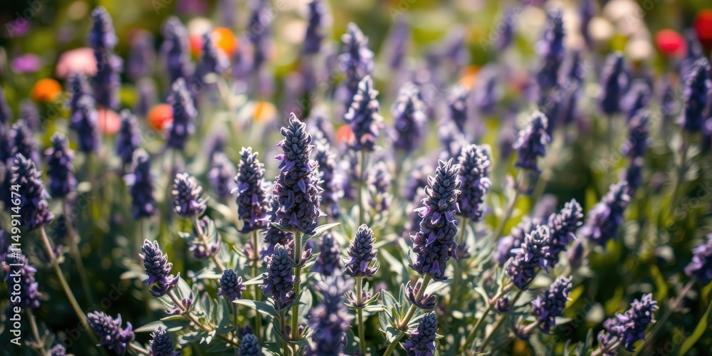 Obraz premium A field of purple wildflowers basking in sunlight, showcasing delicate blooms and vibrant colors.