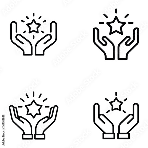 Minimalist Vector Icon of Two Hands Uplifting a Star for Achievement and Support, Outline icon talent acquisition, employee award, customer satisfaction, success