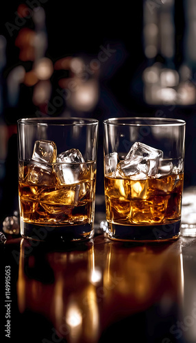 Glass of whiskey with ice cubes on a reflective surface. photo