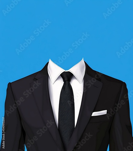 Black Tie on White Shirt and Black Suit Mockup Template with Blue Background in Flat Vector Style