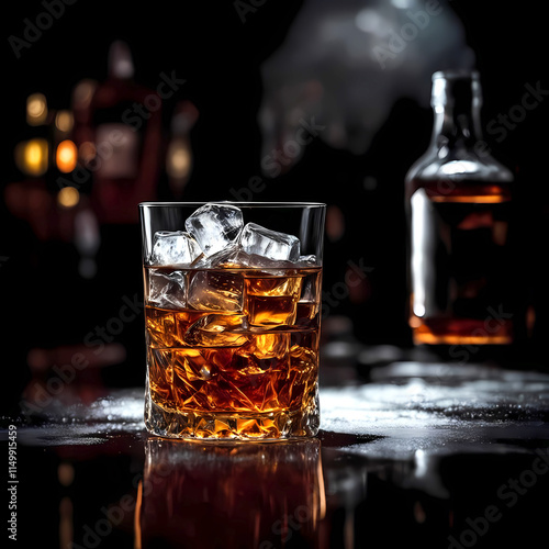 Glass of whiskey with ice cubes on a reflective surface. photo