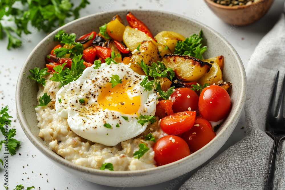 A bowl of oatmeal with eggs, tomatoes, potatoes, and veggies, breakfast ideas A bowl of oatmeal with eggs, tomatoes, potatoes, and veggies, breakfast ideas