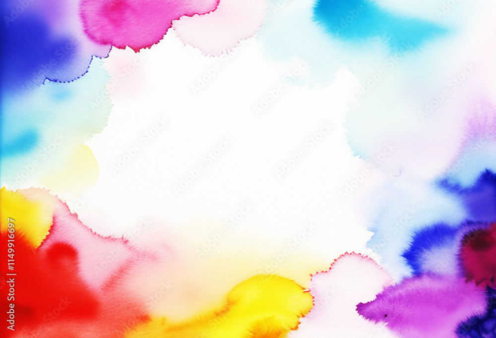 White canvas backdrop with empty central space and colorful decorative liquid spots of paint around White canvas backdrop with empty central space and colorful decorative liquid spots of paint around